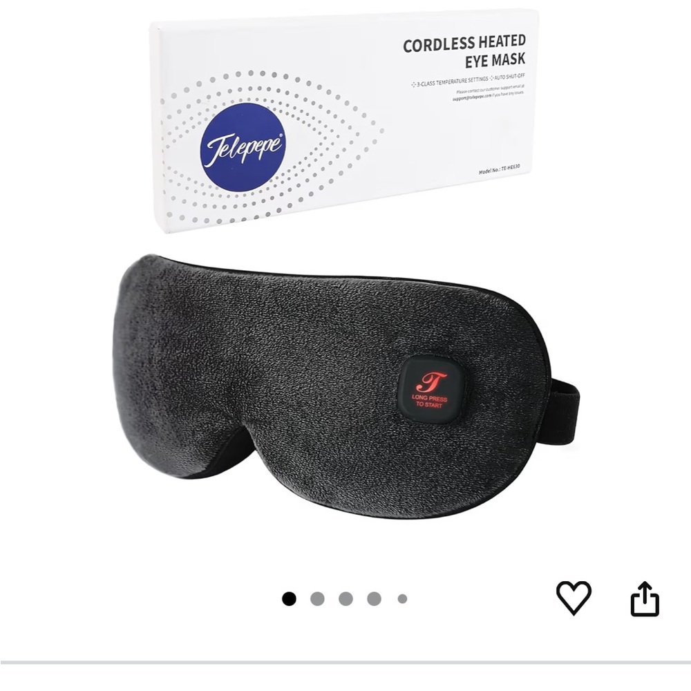 Cordless Heated Eye Mask - washable black USB charge 3 temp low/med/high
